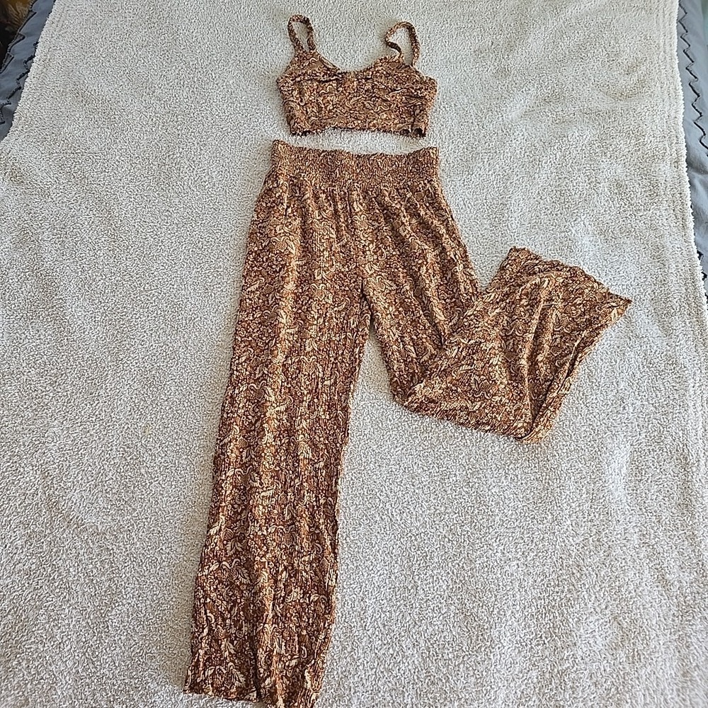 Paper Crane 2 Piece Sleeveless Crop Top & Elastic Waist Pants Sz S Brown Paisley